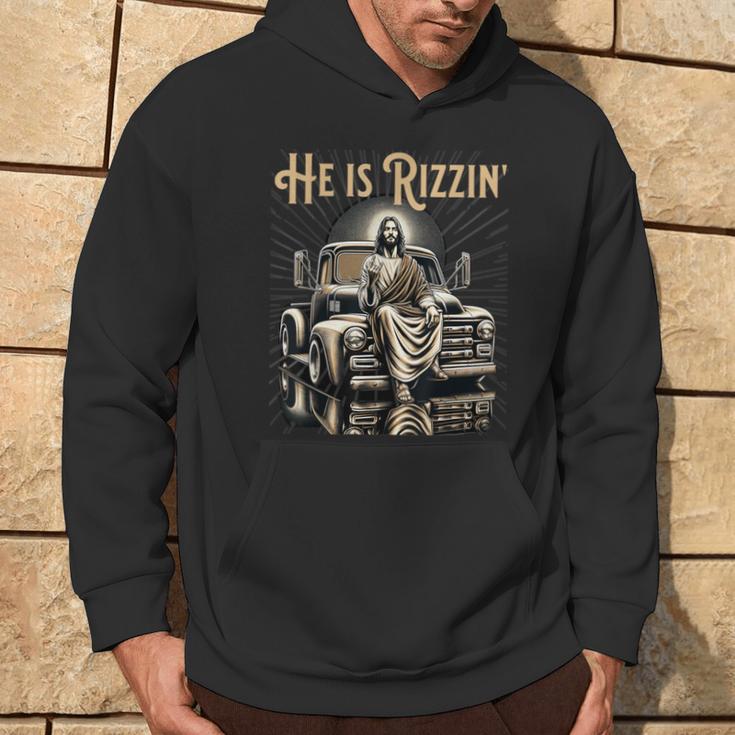 Antique Truck He Is Rizzin Jesus On Old Truck Hoodie Lifestyle