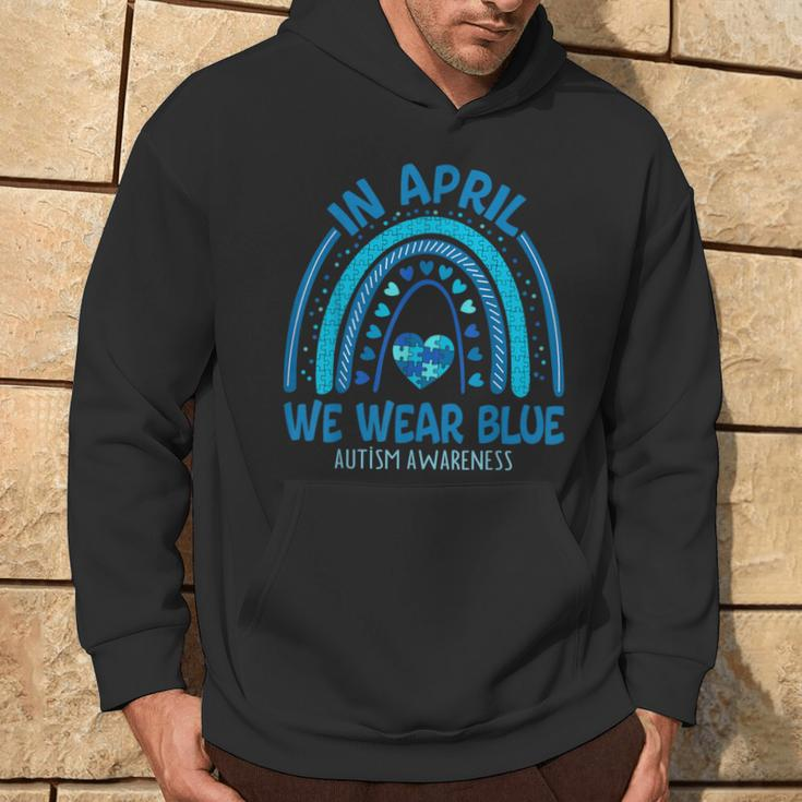 In April We Wear Blue Autism Awareness Puzzle Rainbow Hoodie Lifestyle
