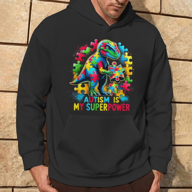 Autism Is My Superpower Autism Kid Colorful Puzzle Dinosaur Hoodie Lifestyle