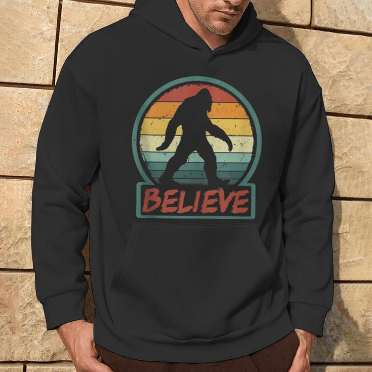 Bigfoot Believe Retro Sasquatch Cryptid Sunset Silhouette Hoodie Lifestyle