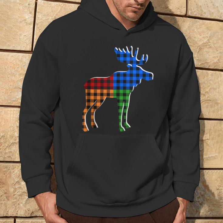 Buffalo Plaid Standing Moose Silhouette Colorful Moose Lover Hoodie Lifestyle