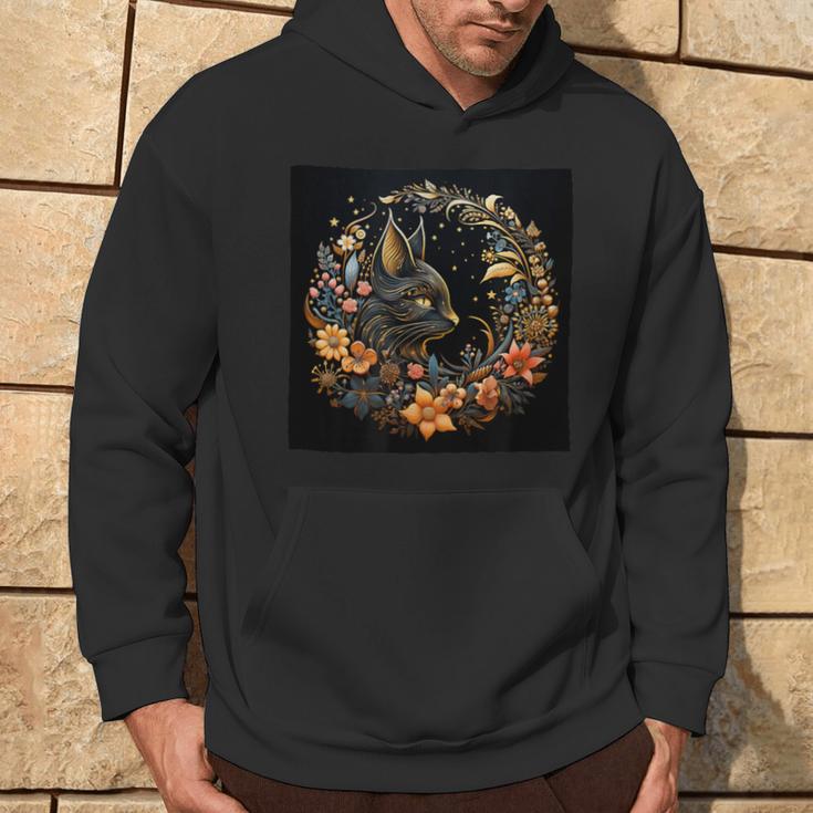 Celestial Cat Astrology Crescent Moon Flowers Graphic Hoodie Lifestyle