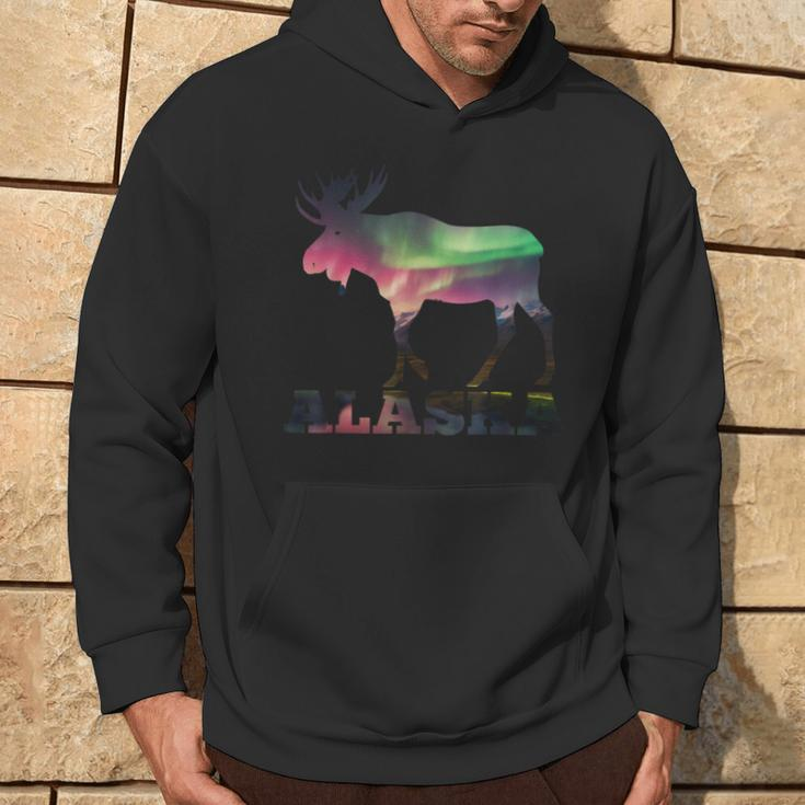 Colorful Moose Elk Silhouette Aurora Borealis Polar Lights Hoodie Lifestyle