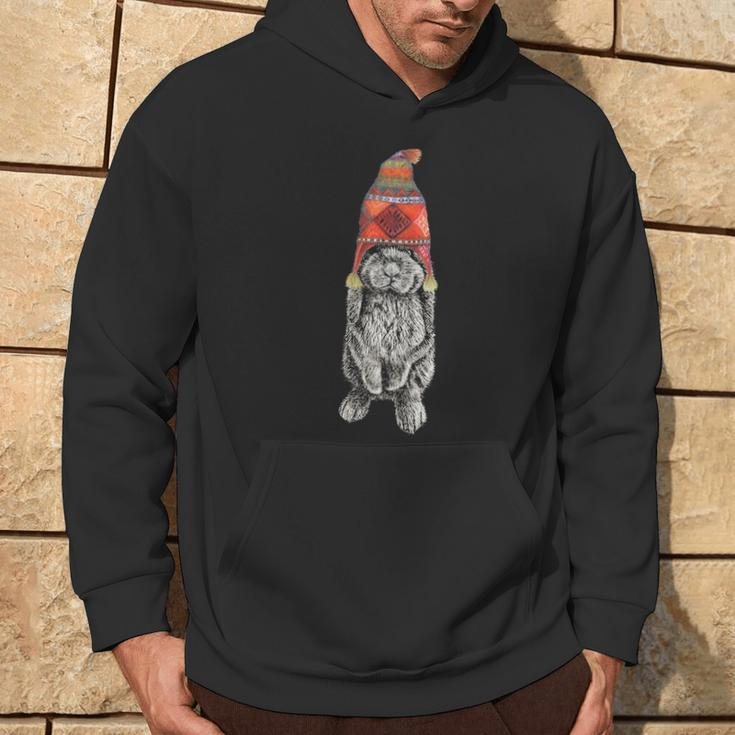 Hipster Lop Eared Bunny Rabbit Wearing Winter Peruvian Hat Hoodie Lifestyle