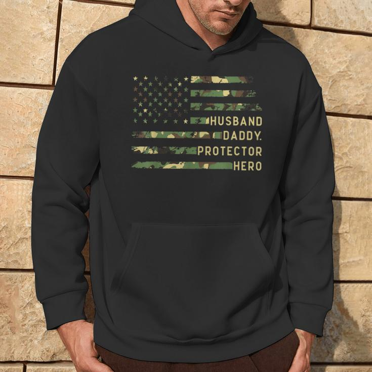 Husband Daddy Protector Hero Fathers Day Camo American Flag Hoodie Lifestyle