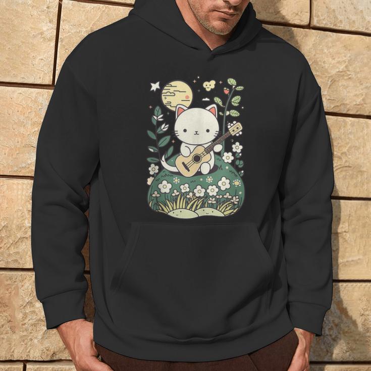 Kawaii Cat Playing Guitar Cute Flowers And Moon Cat Lover Hoodie Lifestyle