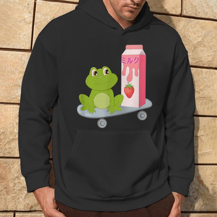 Kawaii Cute Frog On Skateboard With Strawberry Milk Hoodie Lifestyle