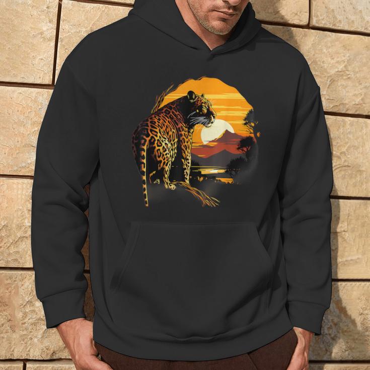 Leopard Savanne Sonnenuntergang Wildlife Safari Motiv Tierdruck Kapuzenpullover Lebensstil