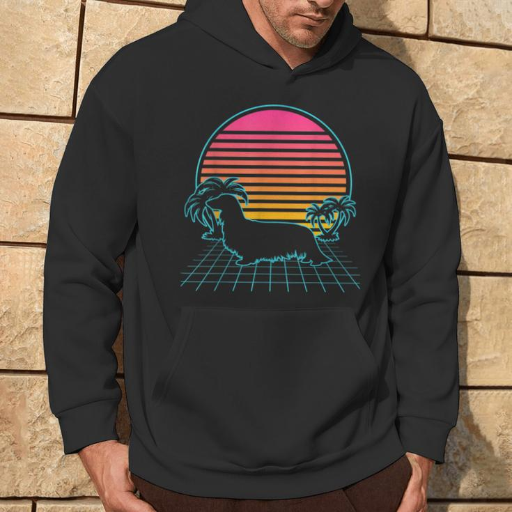 Long Haired Dachshund Vintage 80S Vaporwave Aesthetic Dog Hoodie Lifestyle