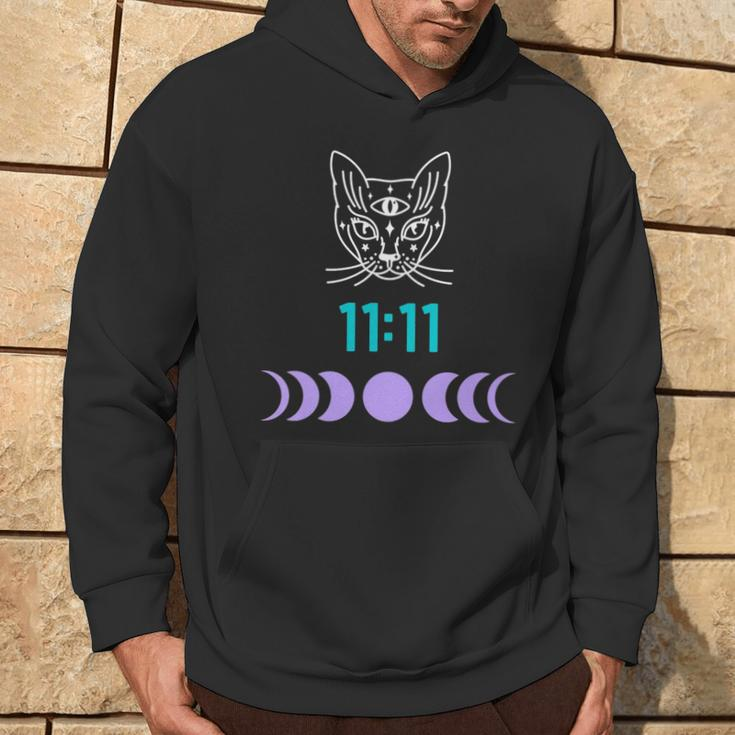 Manifestation Cat And Moon Phase 11 11 Eleven Eleven Purple Hoodie Lifestyle