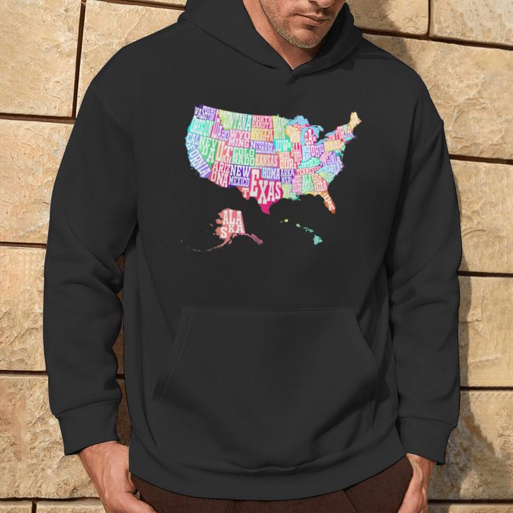 Map Of Usa With State Names Typographic Colorful Map Hoodie Lifestyle