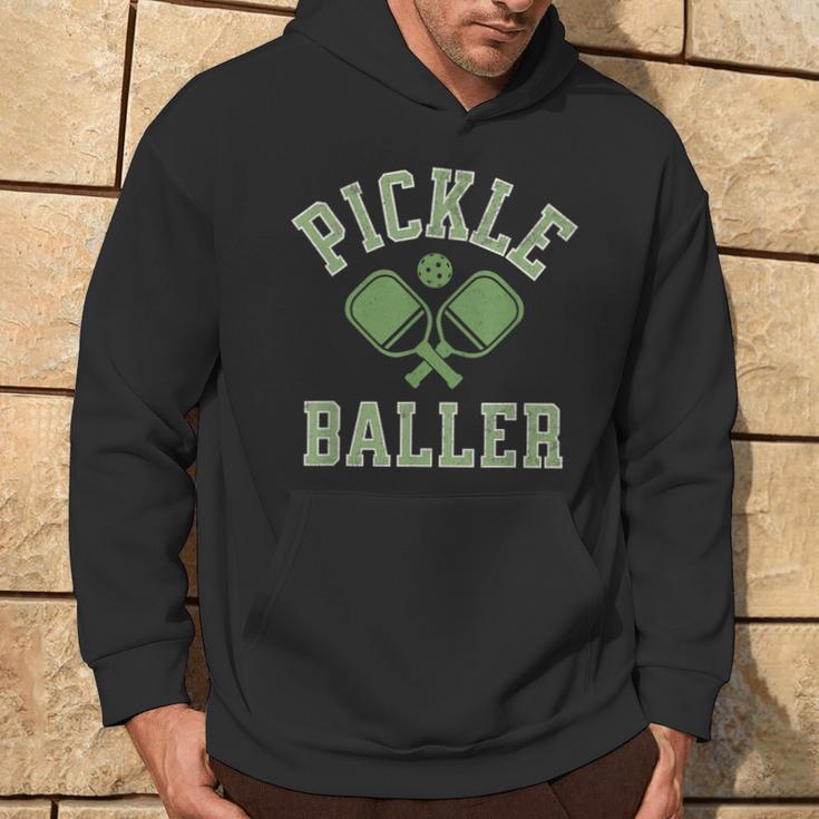 Pickle Baller Distressed Retro Athletic Pickleball Hoodie Lifestyle