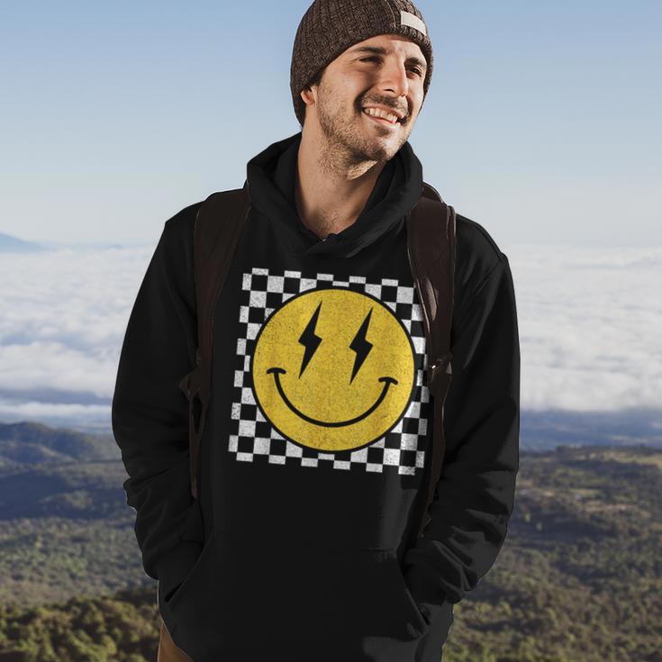 Retro Happy Face Distressed Checkered Pattern Smile Face Hoodie Lifestyle