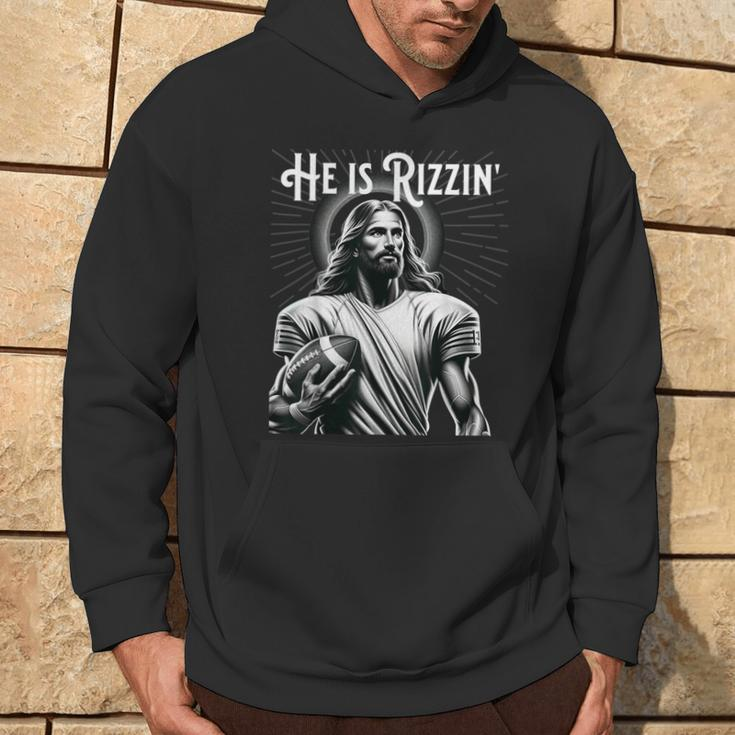 He Is Rizzin Jesus Playing Football Sports Rizz Hoodie Lifestyle