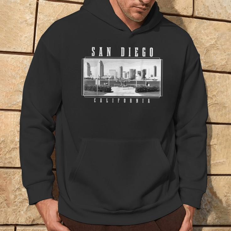 San Diego California Skyline Pride Black & White Vintage Hoodie Lifestyle