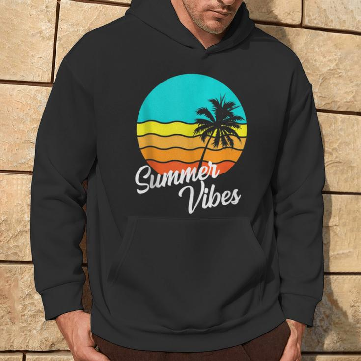 Summer Vibes Retro 80S Beach Scene Palm Tree Sunset Vacation Hoodie Lifestyle