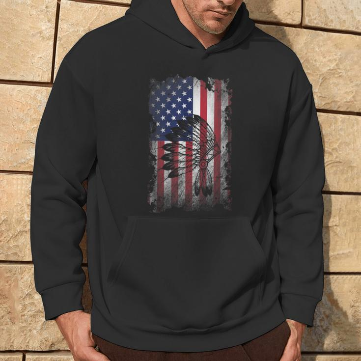 Vintage Distressed Skull Native Indian Feather American Flag Hoodie Lifestyle