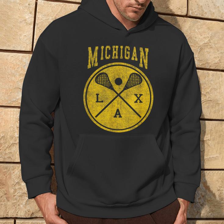 Vintage Michigan Lacrosse Distressed Lax Hoodie Lifestyle