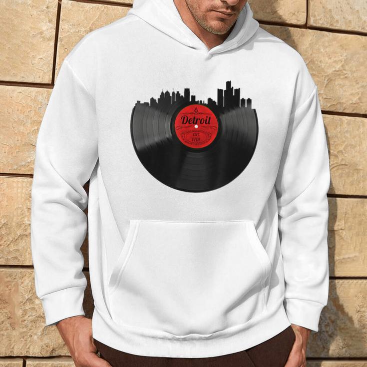 Detroit Vintage Michigan Skyline Vinyl Record Hoodie Lifestyle