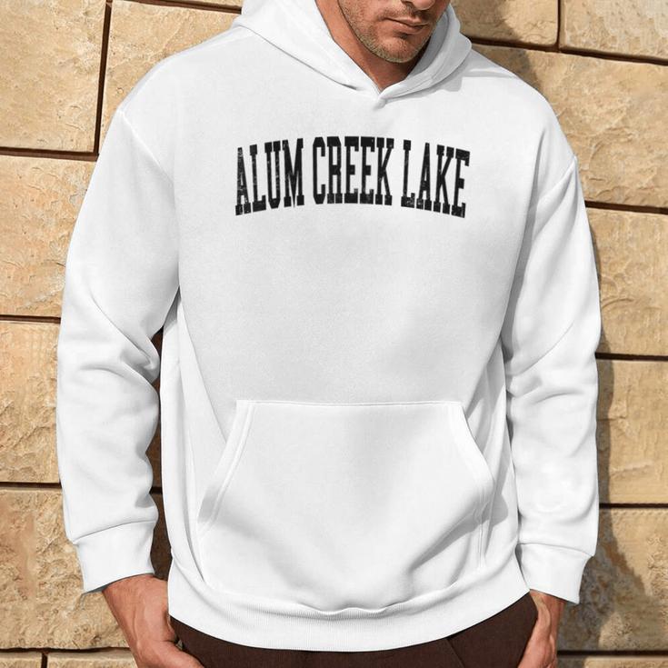 Vintage Alum Creek Lake Distressed Black Varsity Style Hoodie Lifestyle