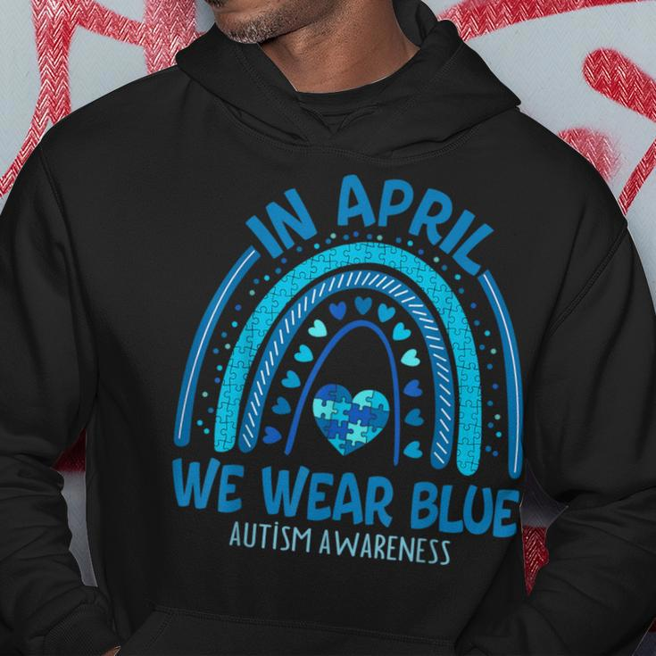 In April We Wear Blue Autism Awareness Puzzle Rainbow Hoodie Funny Gifts