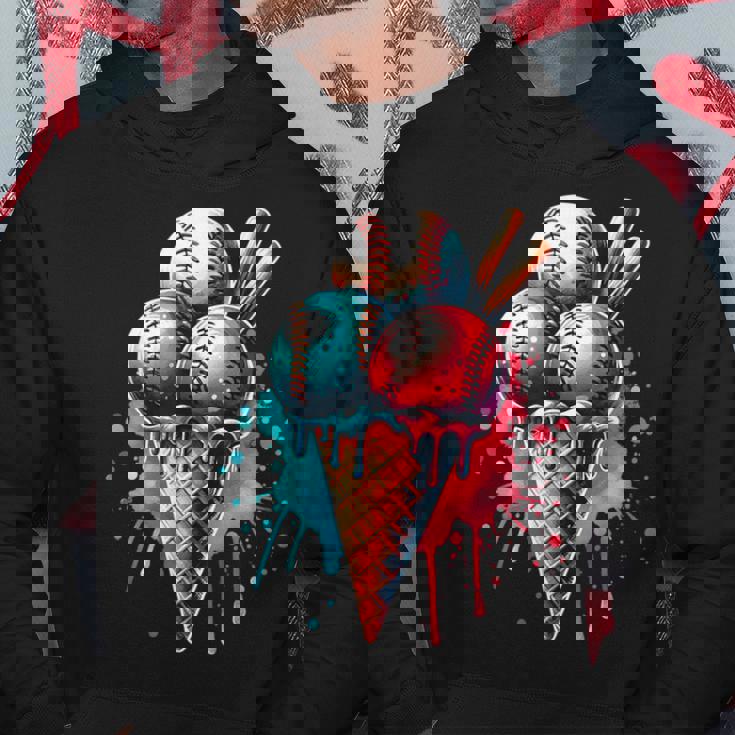 Baseball Ice Cream Watercolor Sports Lover Ice Cream Cone Hoodie Unique Gifts