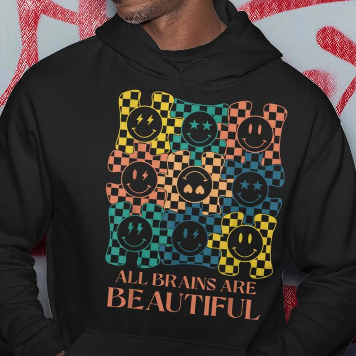 All Brains Are Beautiful Smile Face Autism Awareness Groovy Hoodie Unique Gifts