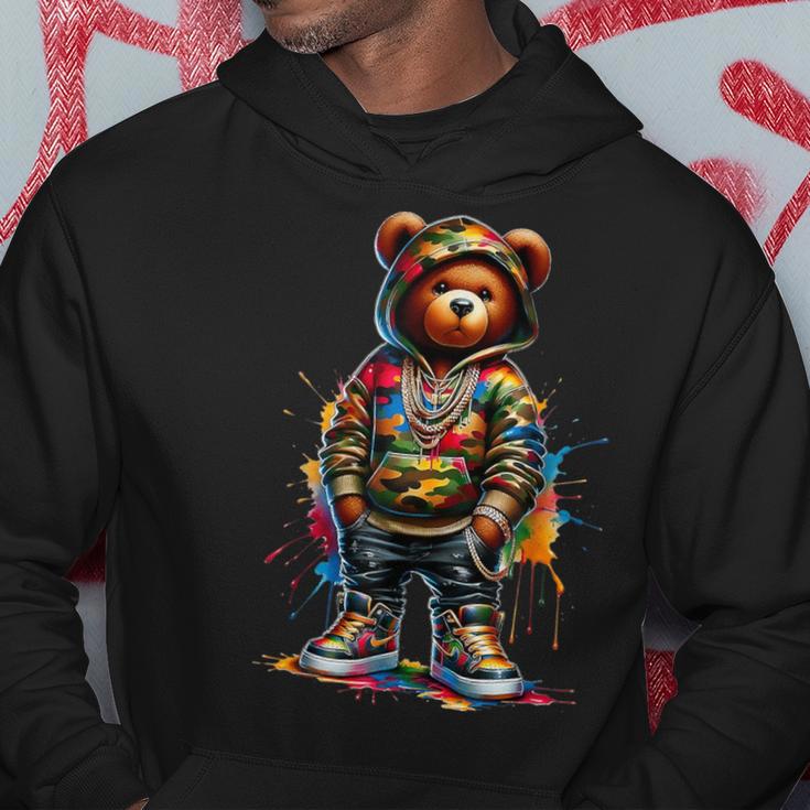 Colorful Hip Hop Teddy Bear Watercolor Hip Hop Bear Cool Hoodie Monsterry