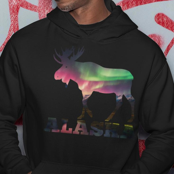 Colorful Moose Elk Silhouette Aurora Borealis Polar Lights Hoodie Unique Gifts