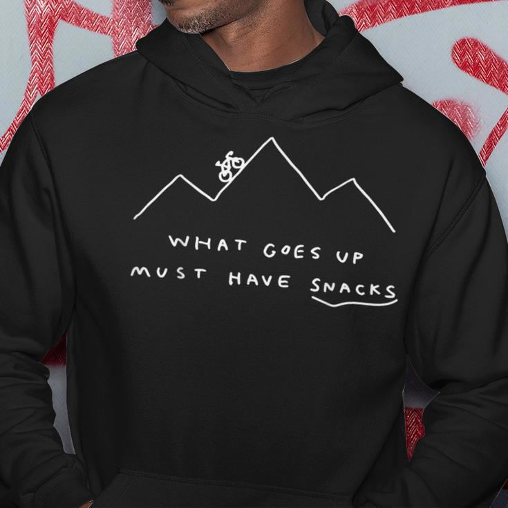 What Goes Up Must Have Snacks Up Mountains Adventure Cycling Hoodie Unique Gifts