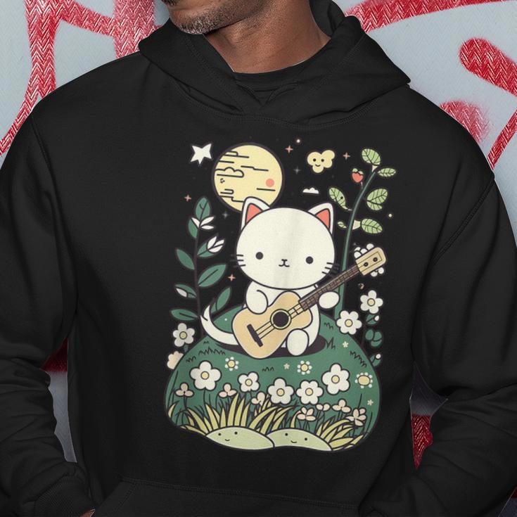 Kawaii Cat Playing Guitar Cute Flowers And Moon Cat Lover Hoodie Unique Gifts