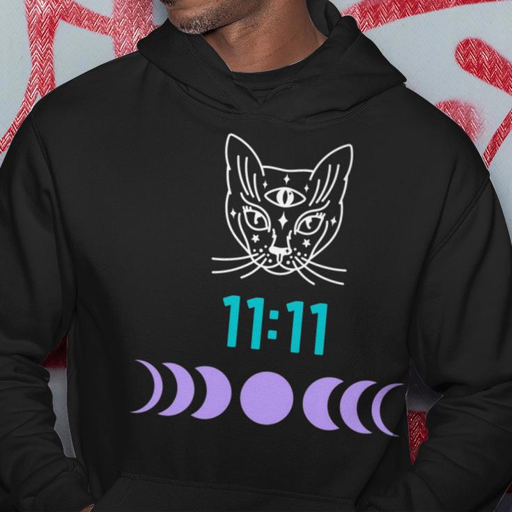 Manifestation Cat And Moon Phase 11 11 Eleven Eleven Purple Hoodie Unique Gifts