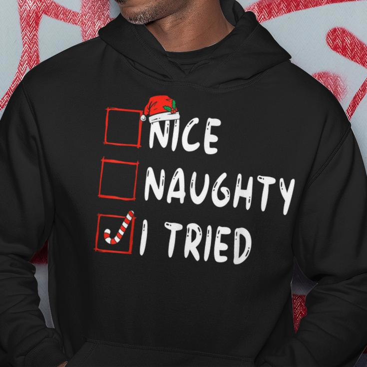 Nice Naughty I Tried Santa Hat Christmas Lights Pajama Hoodie Funny Gifts