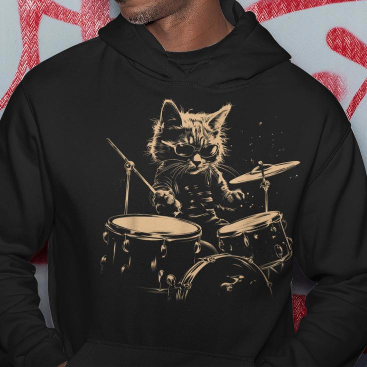 Pop Rock Drummer Cat Kitten Music Playing Drums Music Bands Hoodie Unique Gifts
