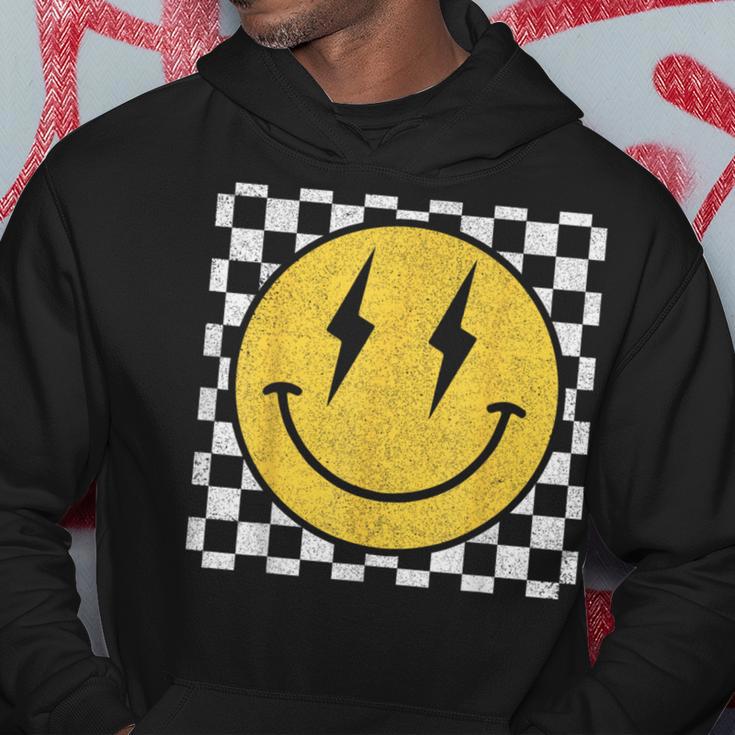 Retro Happy Face Distressed Checkered Pattern Smile Face Hoodie Unique Gifts