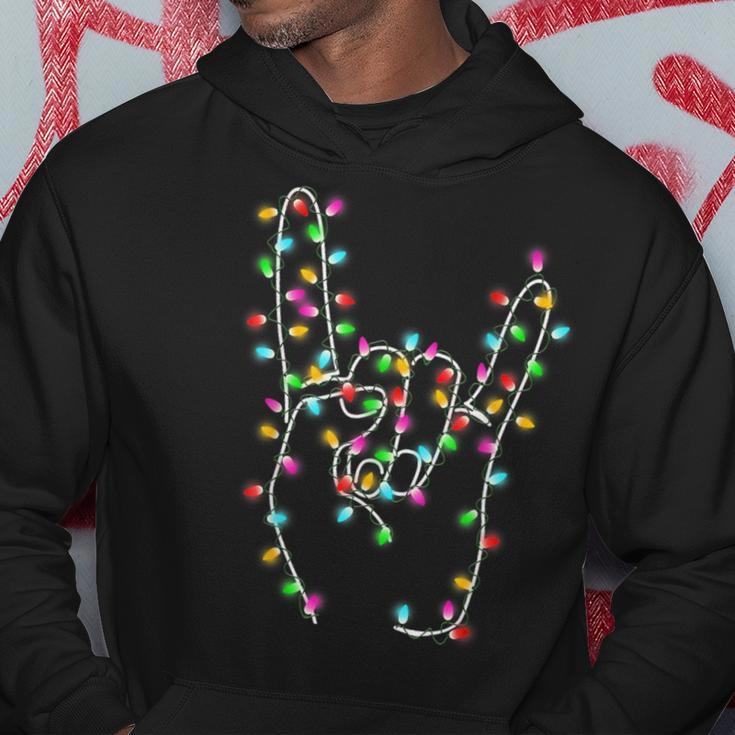 Rock On Hand Christmas Lights Pajamas Ugly Xmas Sweater Hoodie Personalized Gifts