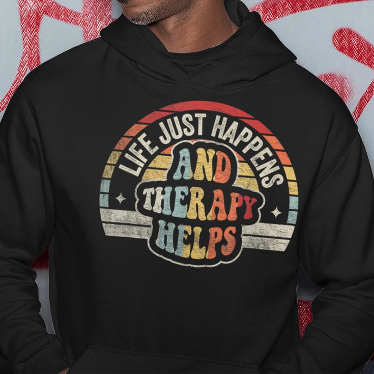 Vintage Life Happens Therapy Helps Therapist Psychologist Hoodie Unique Gifts