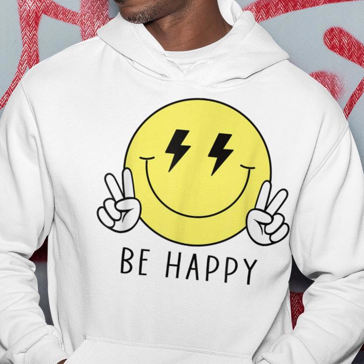 Be Happy Lightning Eyes Peace Hand Yellow Smile Face Hippie Hoodie Monsterry