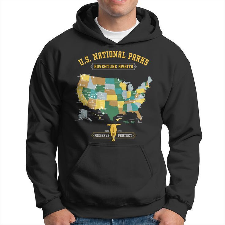 All 63 Us National Parks Map Outdoor Adventure On Back Hoodie