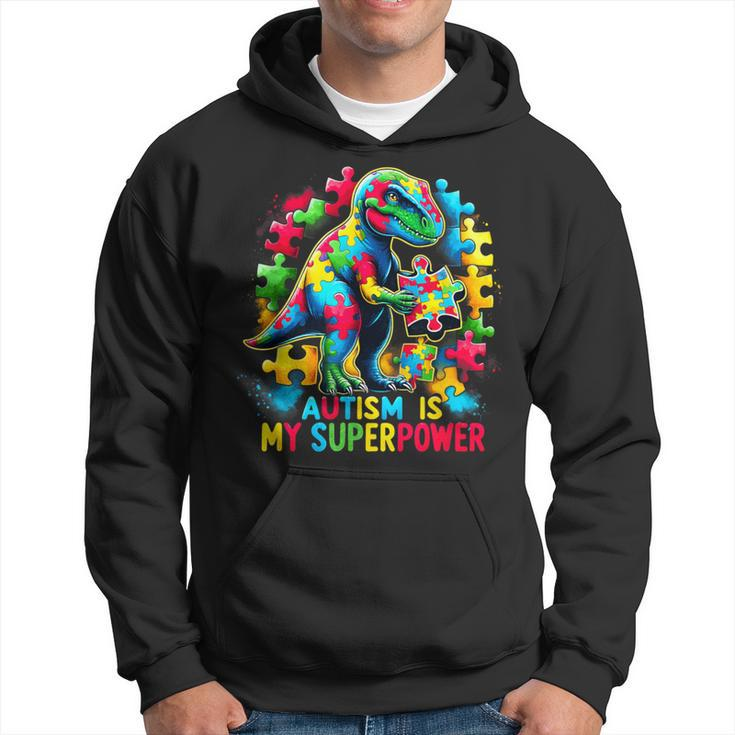 Autism Is My Superpower Autism Kid Colorful Puzzle Dinosaur Hoodie