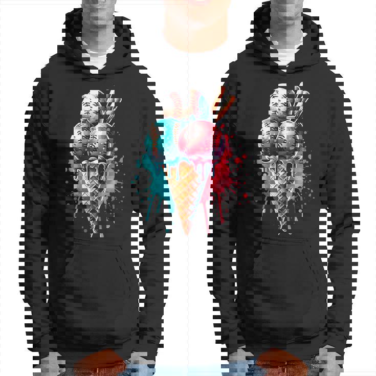 Baseball Ice Cream Watercolor Sports Lover Ice Cream Cone Hoodie