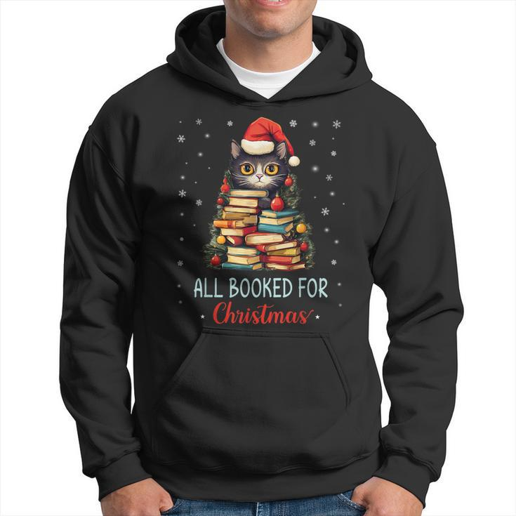 All Booked For Christmas Black Cat Santa Christmas Book Tree Hoodie
