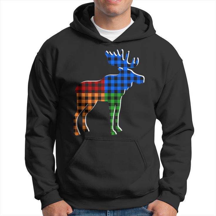 Buffalo Plaid Standing Moose Silhouette Colorful Moose Lover Hoodie