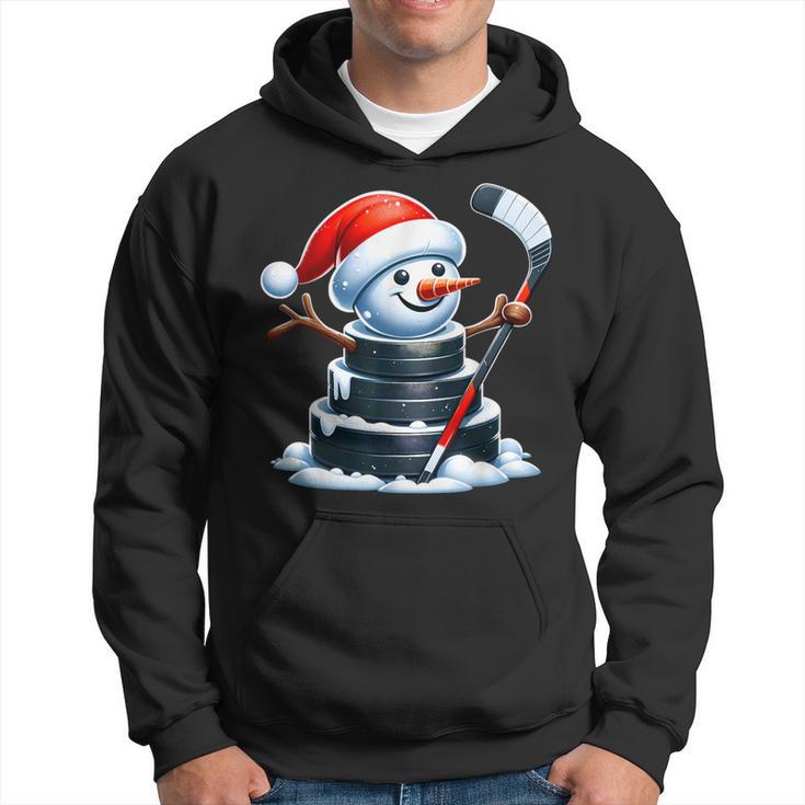 Cartoon Ice Hockey Puck Snowman With Santa Hat Christmas Hoodie