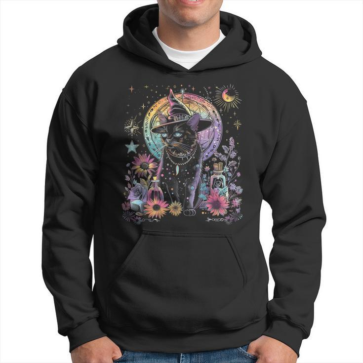 Graphic Cat Witchy And Flowers Cats With Crescent The Moon Hoodie