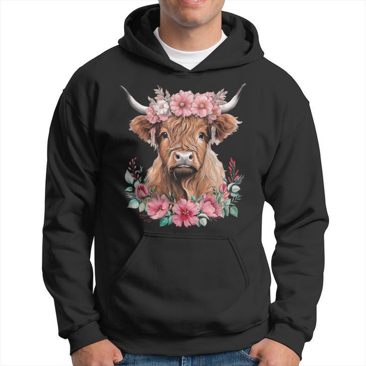 Cute Baby Highland Cow With Flowers Calf Animal Cow Women Hoodie