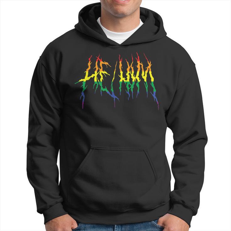 Death Metal Lgbtq Pride Pronoun He Him Pronouns Hoodie