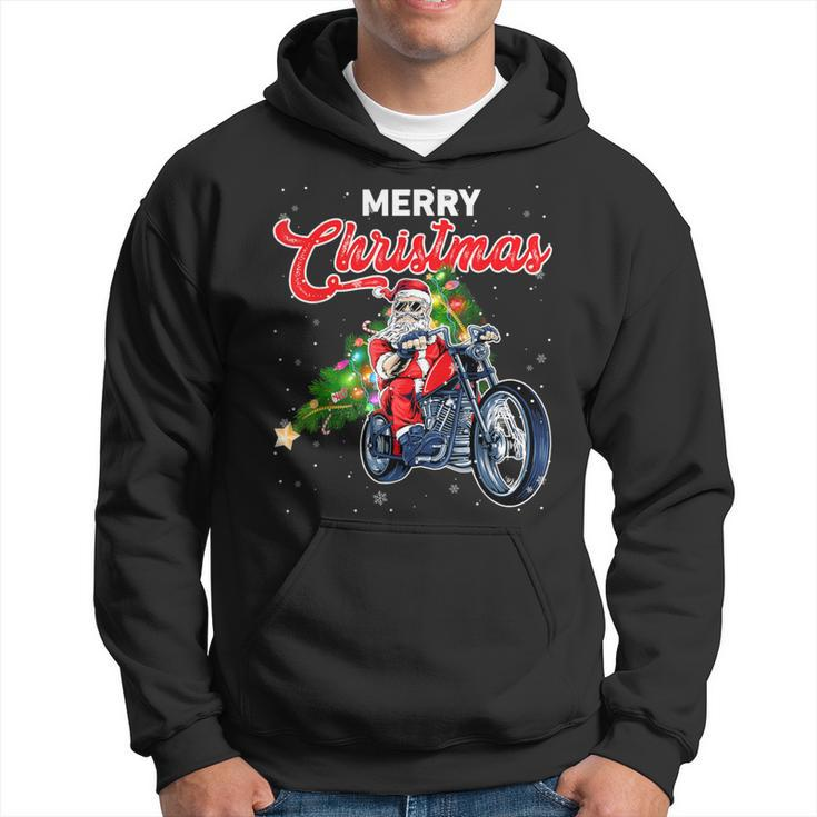 Santa Claus With Motorcycle Xmas Tree Merry Christmas Hoodie