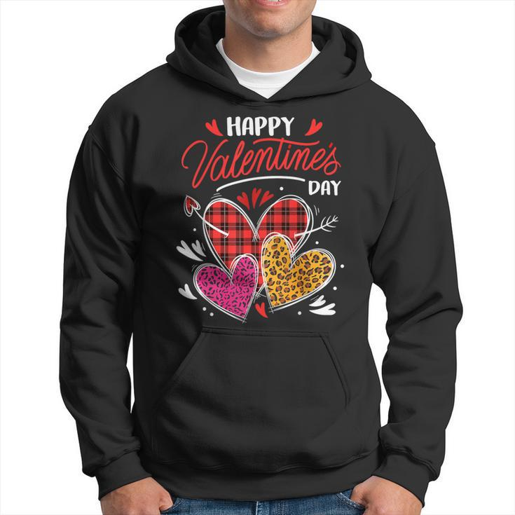 Happy Valentine's Day Three Leopard And Plaid Hearts Girls Hoodie