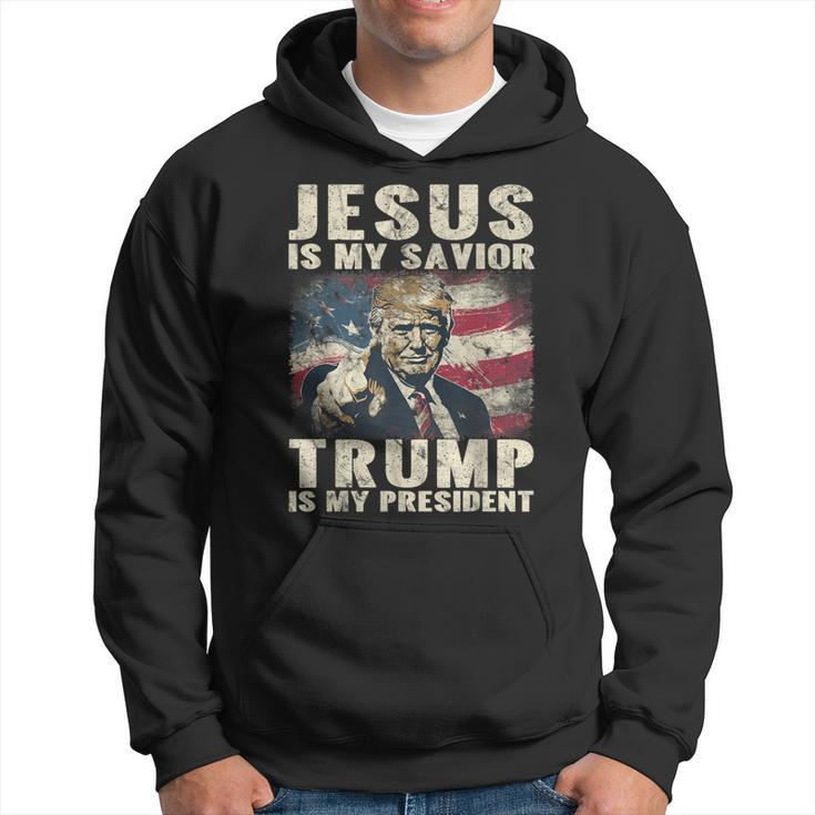 Jesus Is My Savior Trump Is My President 2024 American Flag Hoodie